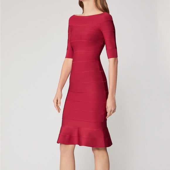 BRAND NEW (TAG REMOVED) HERVE LEGER OFF-SHOULDER FLARE DRESS IN CRANBERRY - Picture 5 of 7